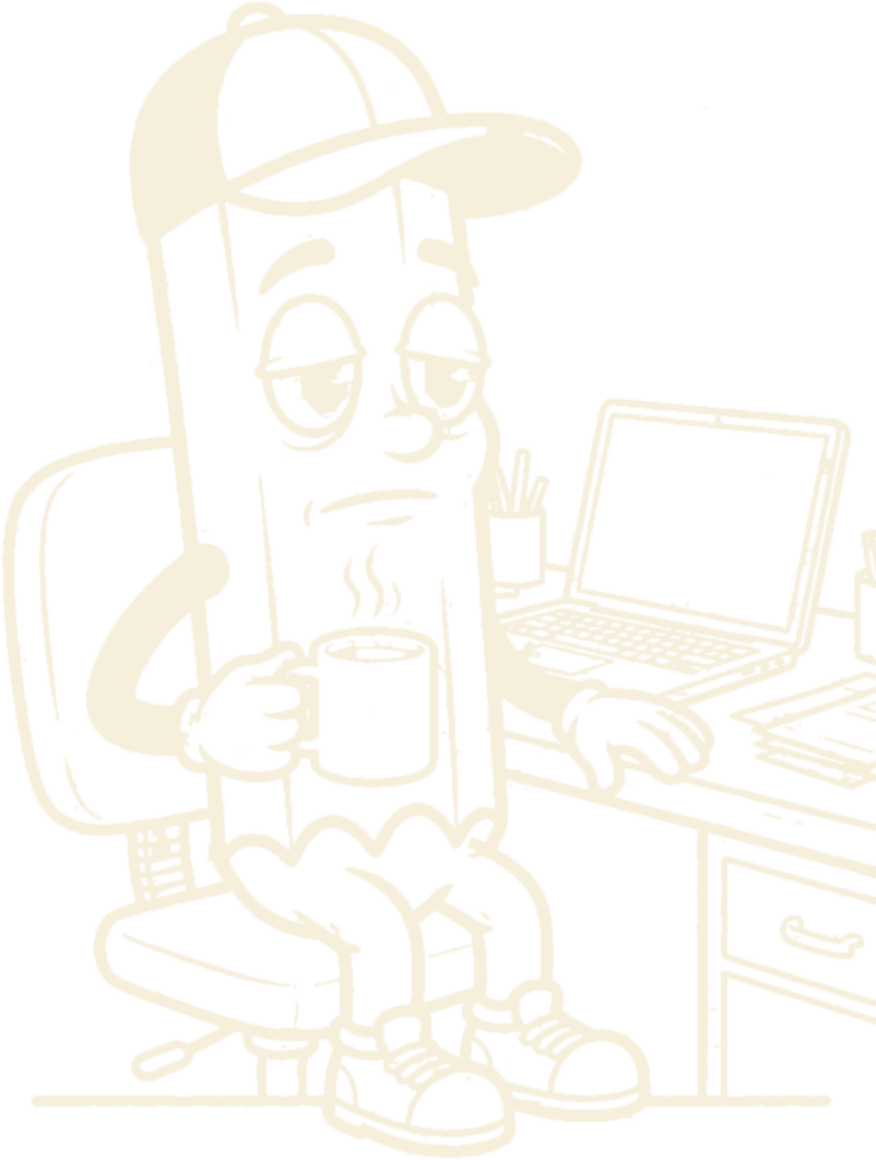 The Spraya mascot, slumped at a desk with a coffee, staring at a blank wall